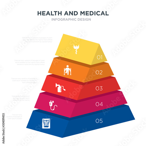 health and medical concept 3d pyramid chart infographics design included x ray, blood transfusion, breast pump, broken leg, caduceus, _icon6_, _icon7_, _icon8_ icons