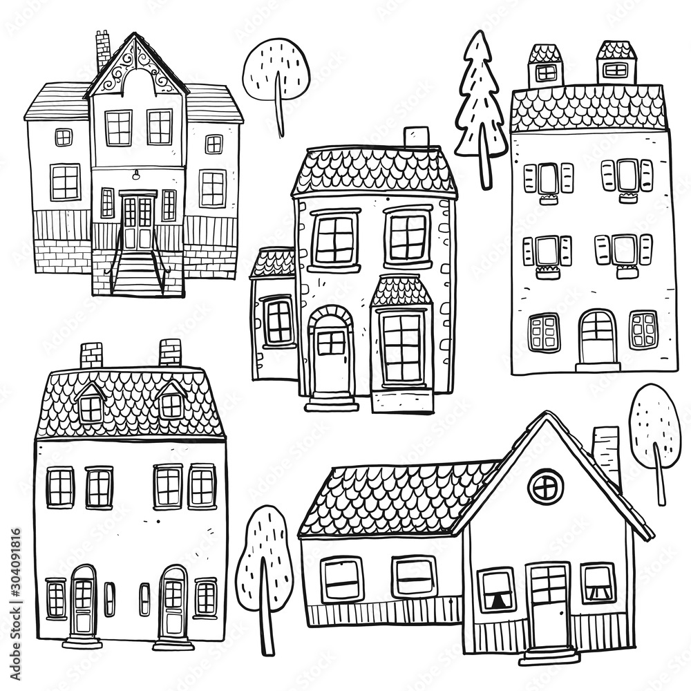 Set of hand drawn buildings