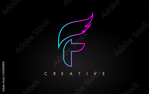 Neon F Letter Logo Icon Design with Creative Wing in Blue Purple Magenta Colors