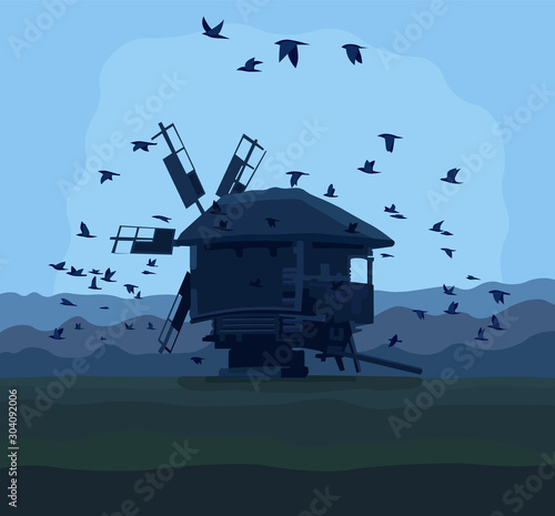 Old windmill with flying birds. Evening rural landscape. Scary and mystical vector illustration.