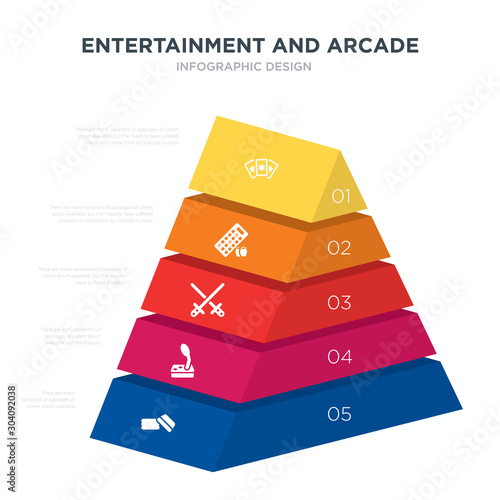 entertainment and arcade concept 3d pyramid chart infographics design included jenga, joystick, lightsaber, lottery game, magic cards, _icon6_, _icon7_, _icon8_ icons
