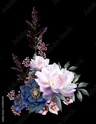 Picturesque floral arrangement of herbs, peonies, hellebores hand drawn in watercolor isolated on a dark background. Watercolor illustration. Ideal for creating invitations, greeting and wedding cards