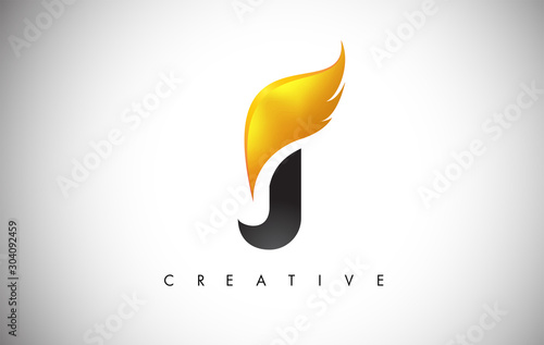 Gold J Letter Wings Logo Design with Golden Bird Fly Wing Icon.