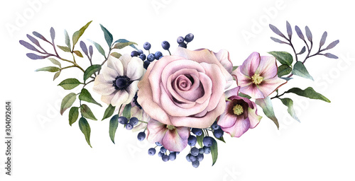 Floral arrangement of the anemones, pink rose, pink hellebores, blue viburnum berries and clematis branches hand drawn in watercolor isolated on a white background. Floral watercolor illustration.