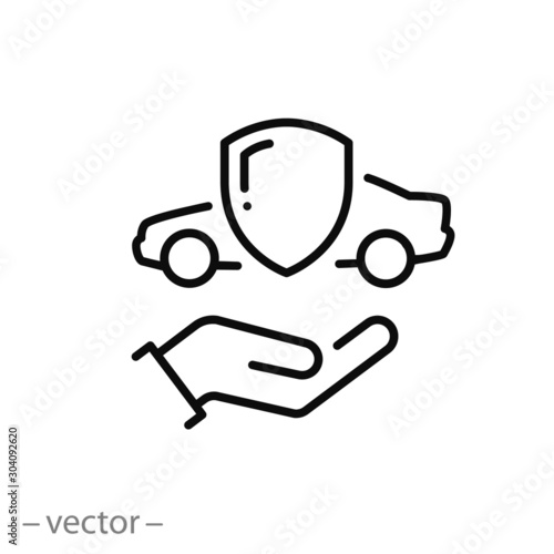 car protection icon, care and security for the automobile, car with shield icon, logo auto insurance, thin line web symbol on white background - editable stroke vector illustration eps10