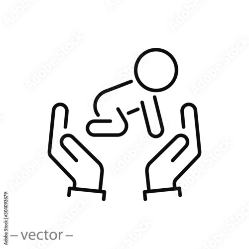 children protection icon, care and security for the child, baby logo, thin linear symbol for web and mobile phone on white background - editable stroke vector illustration eps10