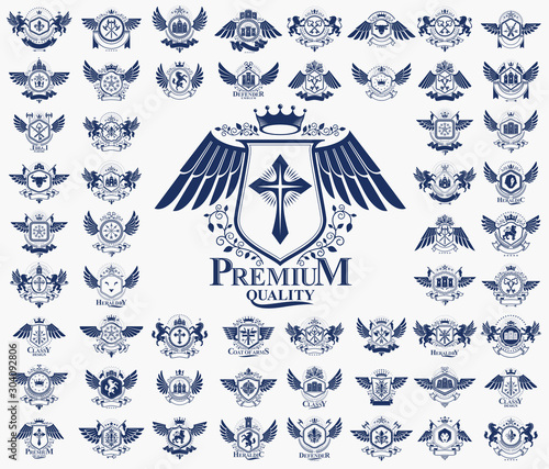 Vintage heraldic emblems vector big set, antique heraldry symbolic badges and awards collection, classic style design elements, family emblems.