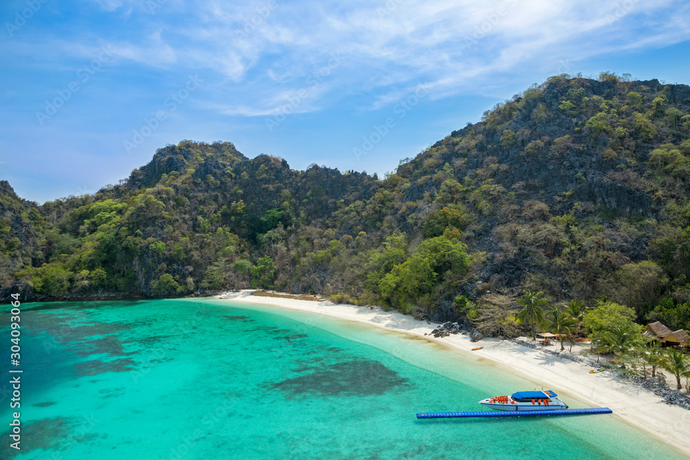 Top view of the Horseshoe Island and beautiful coral reef for snorkeling in Myanmar Top view of the Horseshoe Island and beautiful coral reef for snorkeling in Myanmar