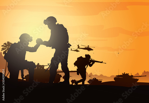 Military vector illustration, Army background, soldiers silhouettes.