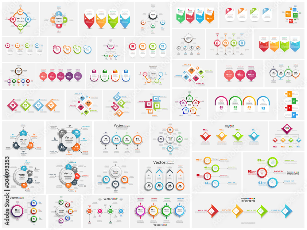 Mega collection of colorful infographic can be used for workflow layout, diagram, number options, web design. Infographic business concept with options, parts, steps or processes. Vector Eps 10 Mega collection of colorful infographic can be used for workflow layout, diagram, number options, web design. Infographic business concept with options, parts, steps or processes. Vector Eps 10