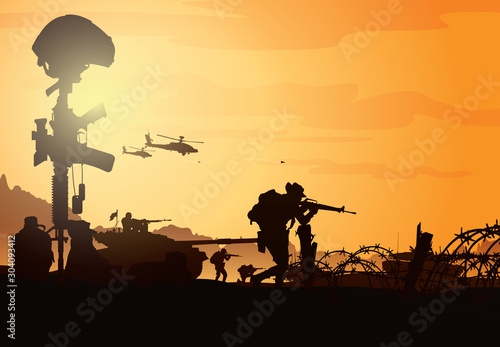 Military vector illustration, Army background, soldiers silhouettes.