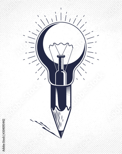 Pencil with idea light bulb combined into symbol, creative energy design art or science invention or research vector logo or icon.