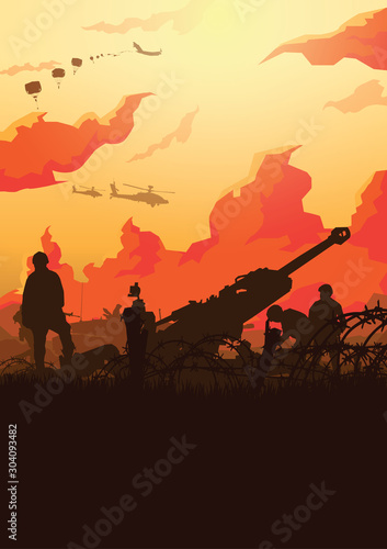 Military vector illustration  Army background  soldiers silhouettes.