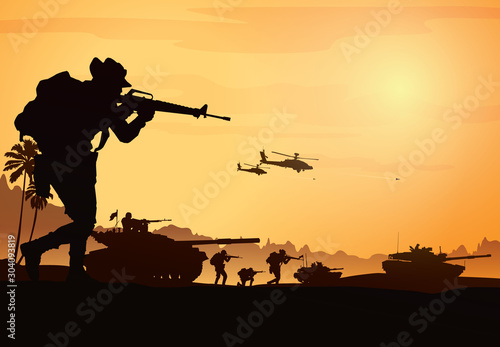 Military vector illustration, Army background, soldiers silhouettes.