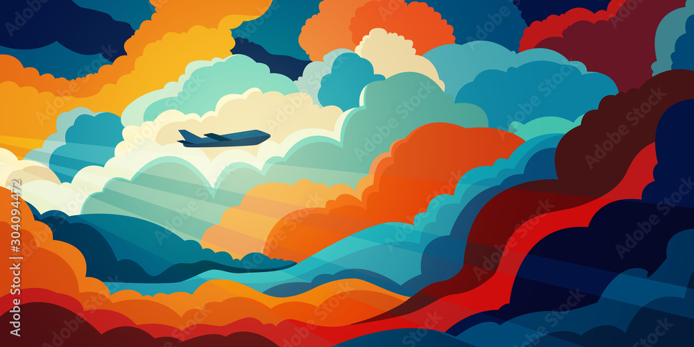 Airplane flying above beautiful clouds in sunset or sunrise light. Travel concept. Colorful vector illustration Airplane flying above beautiful clouds in sunset or sunrise light. Travel concept. Colorful vector illustration