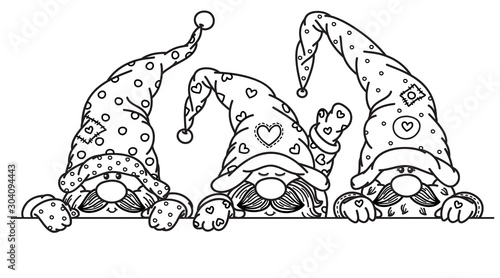 Vector  cute gnomes cartoons hiding  by blank, black  silhouette isolated on white for coloring.