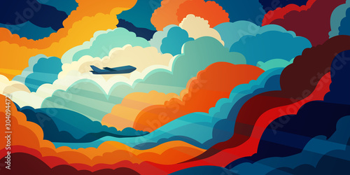 Samolot lecący nad piękne chmury w świetle zachodu słońca lub wschodu słońca. Koncepcja podróży. Ilustracja kolorowy wektor