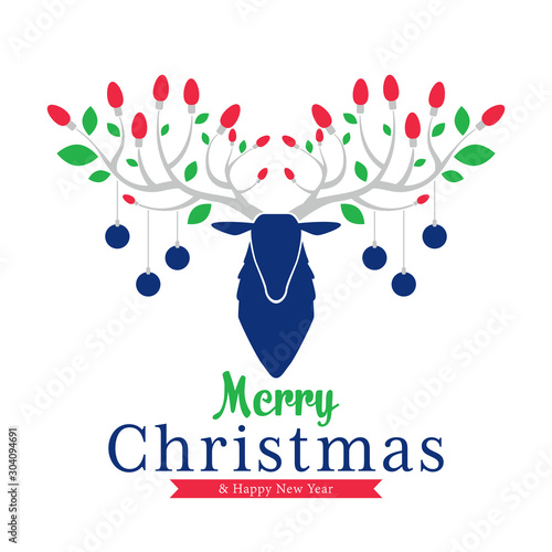 Christmas light bulb decorated on reindeer antler. Christmas logo