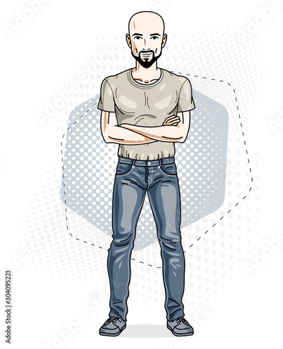Handsome hairless young man poses on modern background. Vector illustration of male with beard and mustaches. Lifestyle theme clipart.