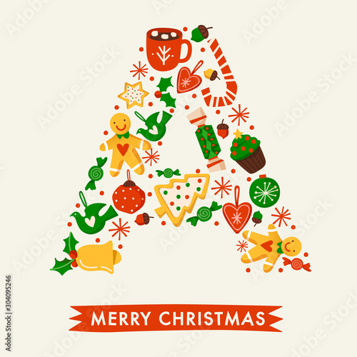 Holiday Alphabet collection for card design   Christmas elements forming a shape of uppercase letter   Vector Illustration