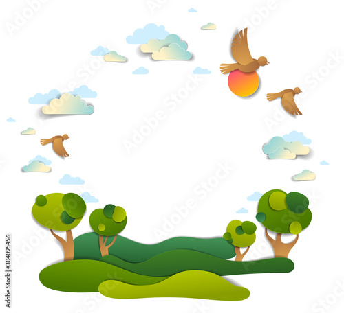 Scenic landscape of meadows and trees, cloudy sky with birds and sun, frame background with copy space,  vector illustration in paper cut. Summer holidays in countryside, travel and tourism.