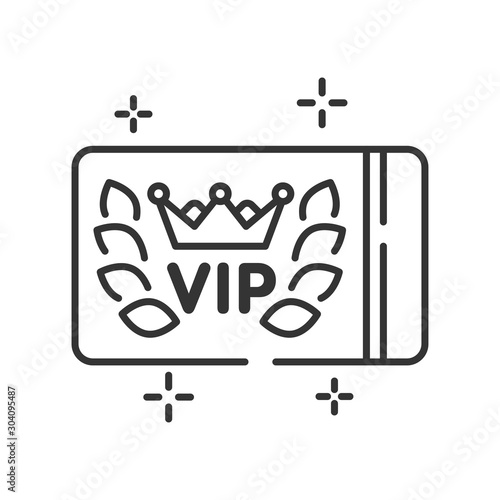 VIP card line black icon. Customer privilege web exclusive badge. White background with crown laurel wreath. Button for web or mobile app.