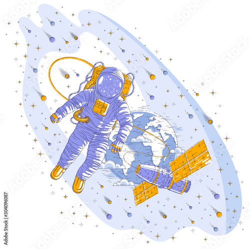 Astronaut flying in open space connected to space station and earth planet in background, spaceman in spacesuit floating in weightlessness and iss spacecraft, asteroids and stars. Vector isolated.