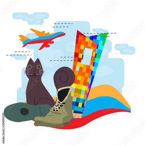 Travel to Colombia, Tejada Cat statue with the window to the world building - Vector