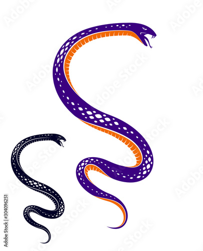 Venomous snake vintage tattoo, vector drawing of aggressive predator reptile, deadly poisoned serpent symbol, vintage style illustration.