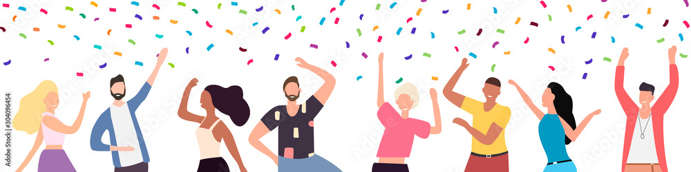Group of young happy dancers or men and women isolated on a white background. Smiling young men and women enjoy a dance party. Flat style. Vector illustration