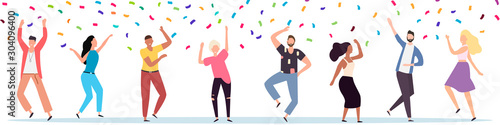 Group of young happy dancers or men and women isolated on a white background. Smiling young men and women enjoy a dance party. Flat style. Vector illustration