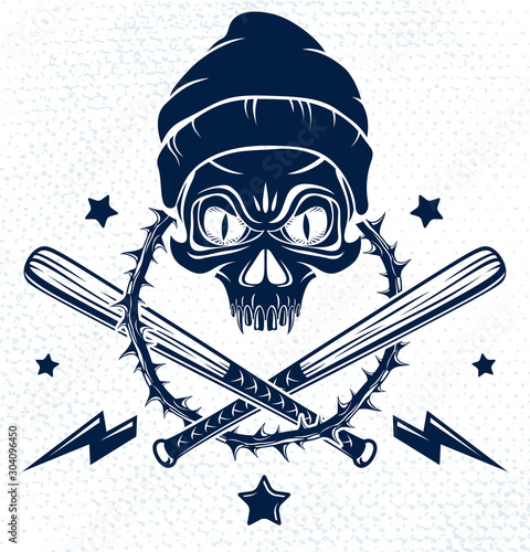 Brutal gangster emblem or logo with aggressive skull baseball bats and other weapons and design elements, vector anarchy crime or terrorism retro style, ghetto revolutionary.