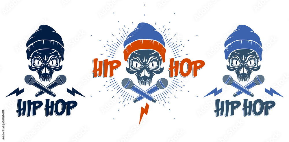 Vettoriale Stock Rap music vector set logos or emblems with aggressive  skull and two microphones crossed like bones, Hip Hop rhymes festival  concert or night club party labels, t-shirt prints. | Adobe