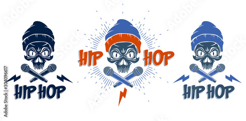 Rap music vector set logos or emblems with aggressive skull and two microphones crossed like bones, Hip Hop rhymes festival concert or night club party labels, t-shirt prints.