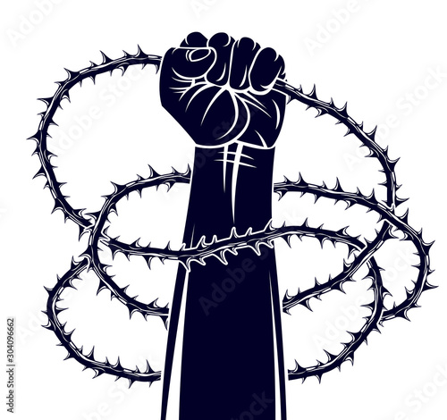 Strong hand clenched fist fighting for freedom against blackthorn thorn slavery theme illustration, vector logo or tattoo, through the thorns to the stars concept.