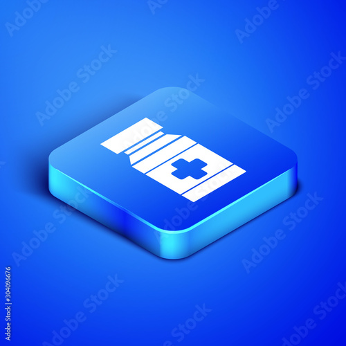 Isometric Dog medicine bottle and pills icon isolated on blue background. Container with pills. Prescription medicine for animal. Blue square button. Vector Illustration