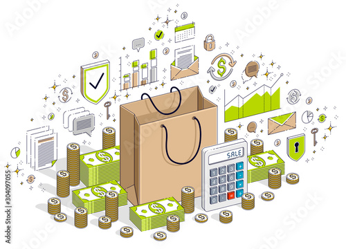 Big Sale concept, Retail, Sellout, Shopping Bag with cash money stacks isolated on white background. Vector 3d isometric business illustration with icons, stats charts and design elements.