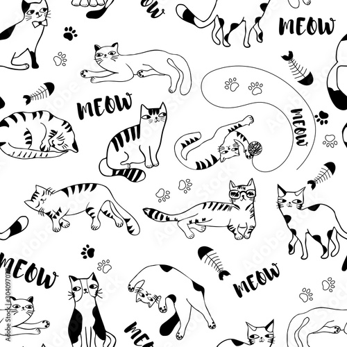 Doodle black and white funny cats hand drawn silhouette seamless pattern vector collection on white background