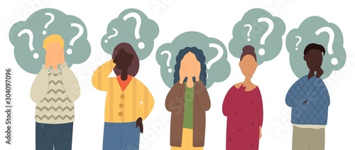 Collection of portraits of thoughtful people. Bundle of smart european and african people thinking or solving problem. Set of pensive boys and girls surrounded by thought bubbles. Flat cartoon vector