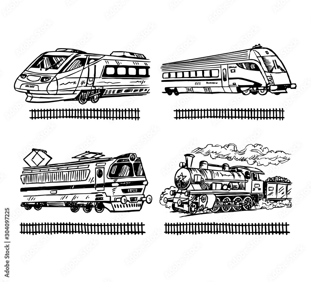 Obraz premium fast train, locomotive with modern and retro design, train service and rails set of black and white drawings