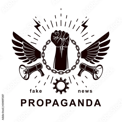 Vector flyer template created using clenched fists raised up, loudhailer equipment and iron chain element. Freedom for the personality, misleading and brainwashing propaganda information.