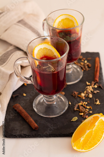 mulled wine from red wine and spices and orange