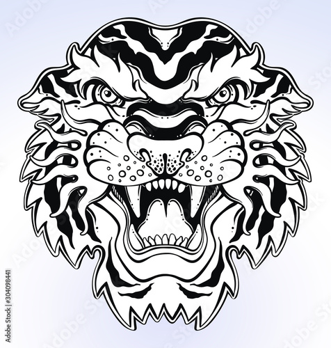 Lion's portrait made in an old-stylized tattoo. Vector illustration for coloring book, t-shirts, tattoo art, boho design, posters, textiles. Isolated vector illustration.