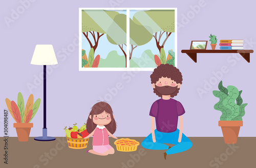 father and daughter cake and fruits happy thanksgiving celebration