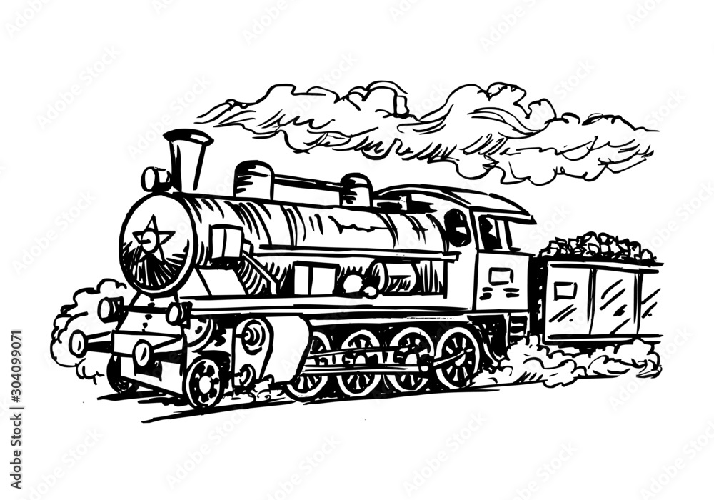 retro steam locomotive, historical train, black and white clipart