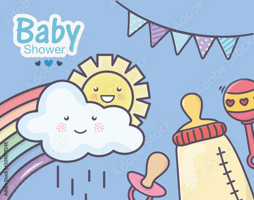baby shower feeding bottle pacifier rattle rainbow clouds bunting