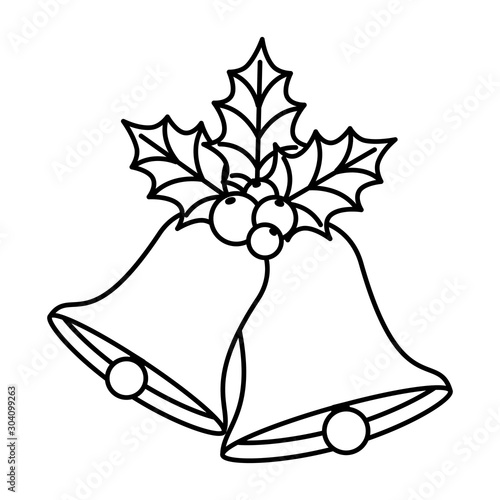 bells christmas with leafs and seeds line style icon vector illustration design