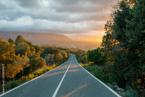 Beautiful sunset over a mountain road in Mallorca