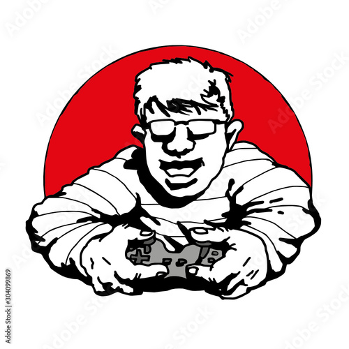 playstation nerd kid gamer, hand-drawn vector graphic in freaky comic style