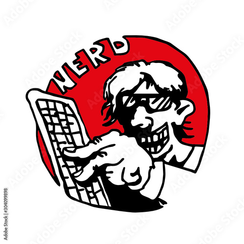 nerd boy playin on keyboard,  handdrawn cartoon comic style graphic with changable background